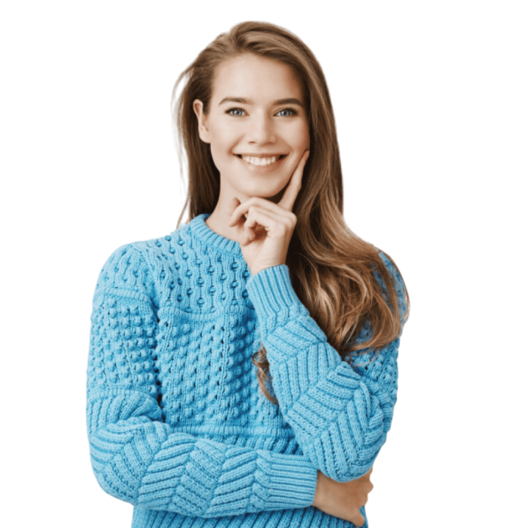 A young woman in a blue sweater striking a contact pose while flaunting perfectly aligned teeth.