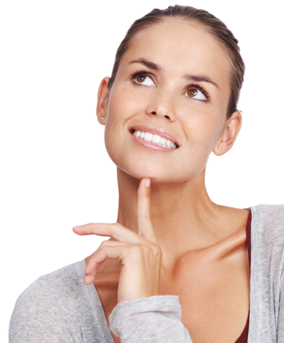 A woman with her hand on her chin looking up while wearing invisible aligners.