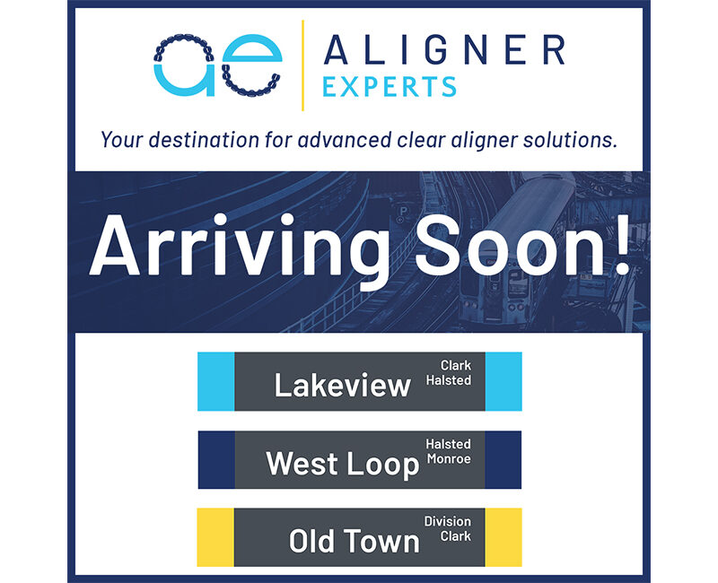 A promotional banner for Clear Aligners Experts Chicago, advertising clear aligner solutions with location signs for Lakeview, West Loop, and Old Town.