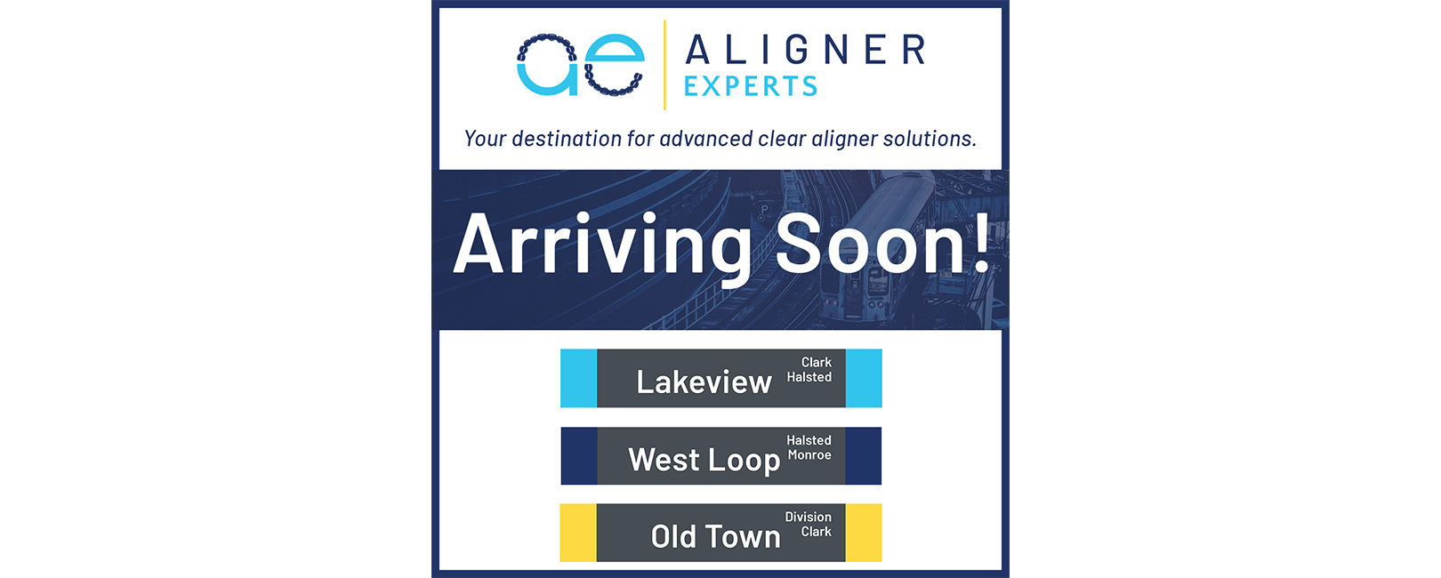 A promotional banner for Clear Aligners Experts Chicago, advertising clear aligner solutions with location signs for Lakeview, West Loop, and Old Town.