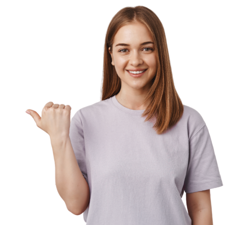 Young woman smiling with clear aligners and making a thumbs-up gesture.