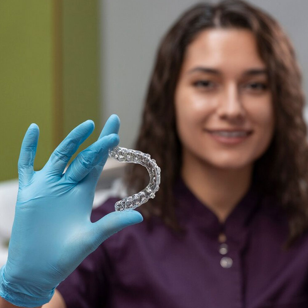 A woman holding a transparent brace in her hands.