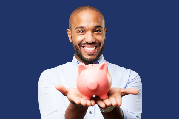 A man holding a piggy bank, emphasizing cost and convenience, on a blue background.