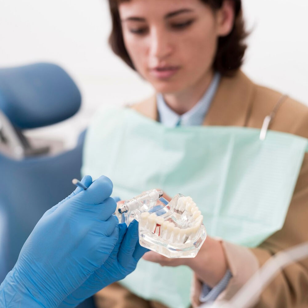 A dentist is holding a dental model featuring clear aligners in front of a woman.