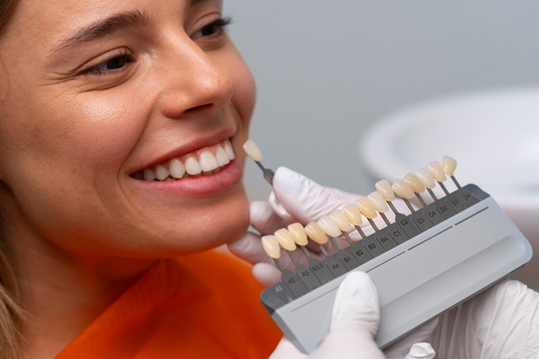 Dentist comparing tooth shades with a patient's teeth for veneers dental procedure.