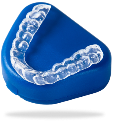 A blue tray with clear aligner teeth on it.