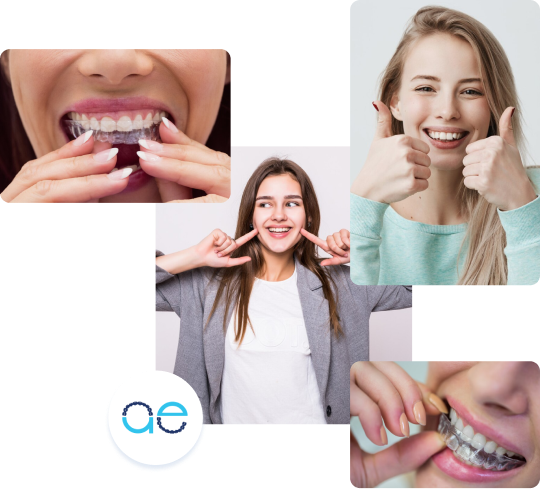 a collage of a woman smiling with clear aligners