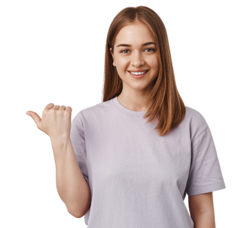 A young woman displaying her thumbs up sign on a white background, showcasing her straight teeth with the help of clear aligners.