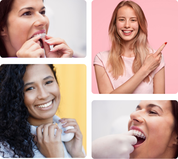 a collage of women with aligners