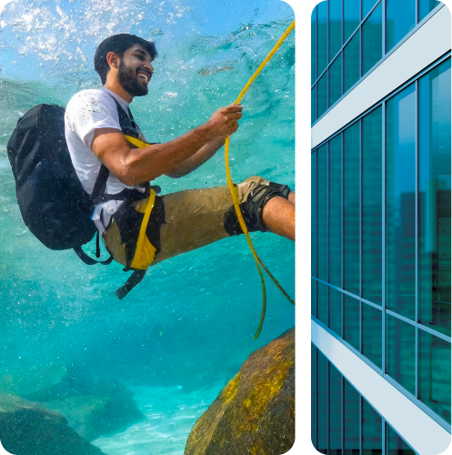 Split reality—on one side, a delighted young man wearing aligners enjoys a thrilling underwater adventure, while the other reveals a serene and modern urban landscape.